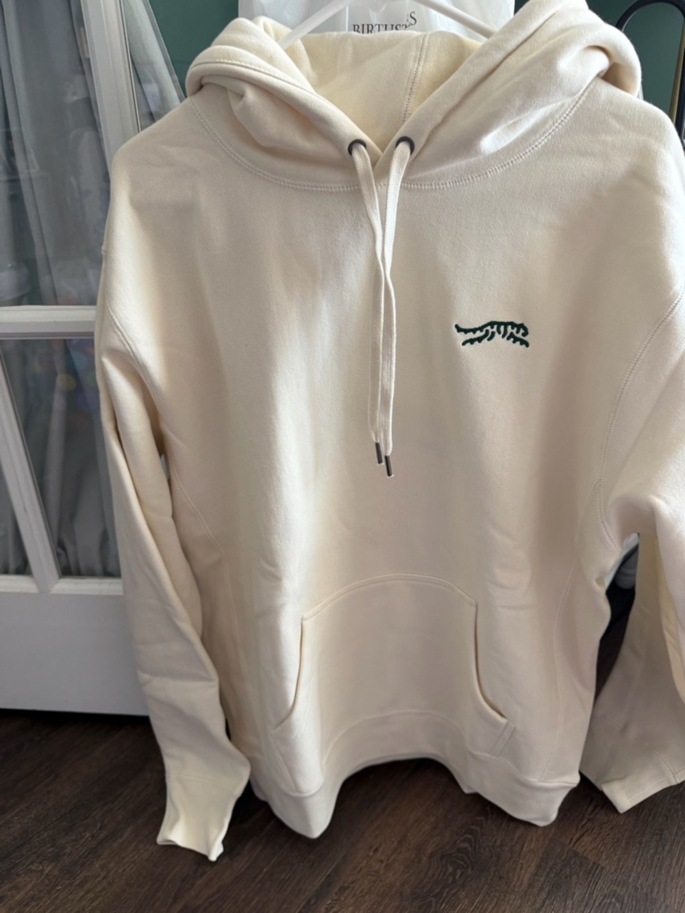 NWT Cream Hoodie with Subtle Green Embroidered Accent